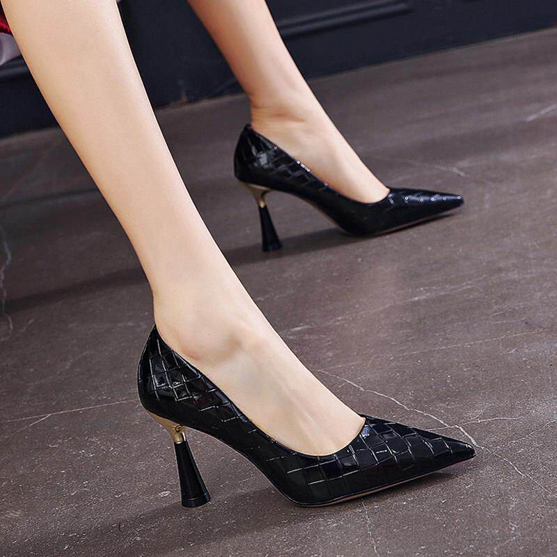 黑色高跟鞋女职业细跟8cm尖头百搭软皮不磨脚工作鞋真皮女鞋单鞋