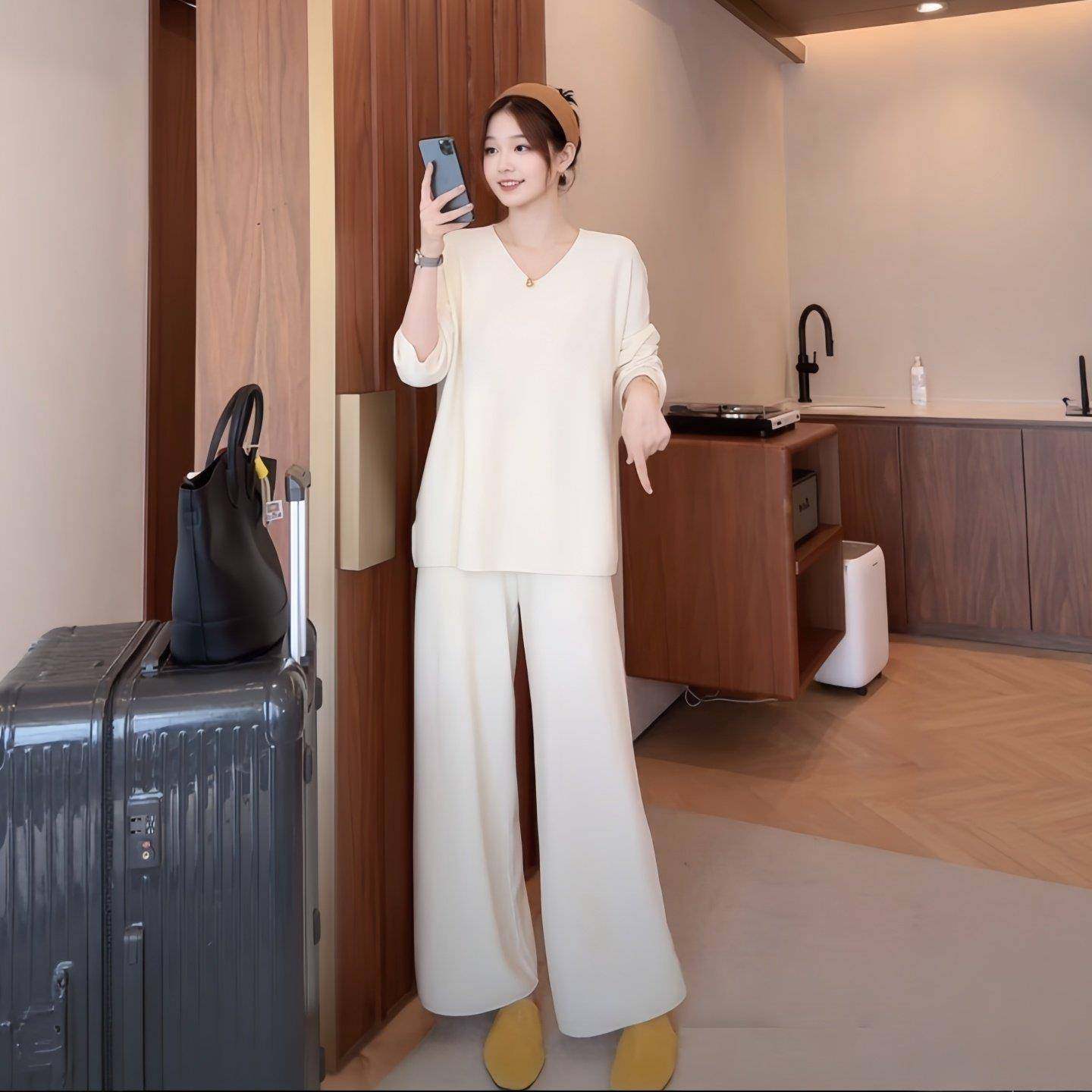 欧洲站休闲针织时尚套装女2025年秋季大码长袖上衣阔腿裤两件套潮