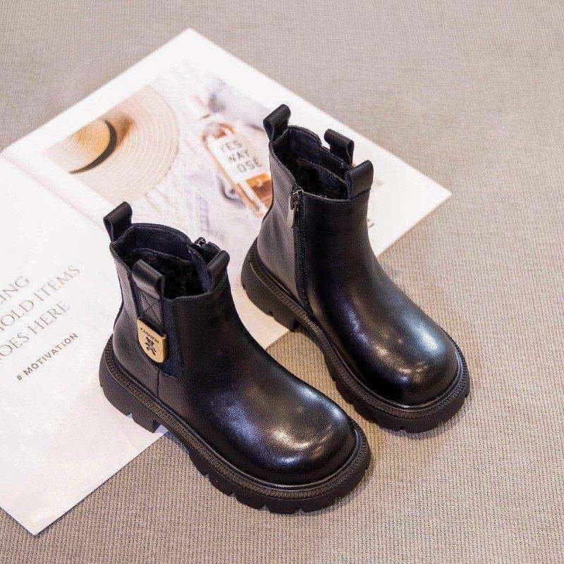 VTVK男童马丁靴2025新款秋冬儿童靴子加绒女童短靴女宝宝真皮皮靴