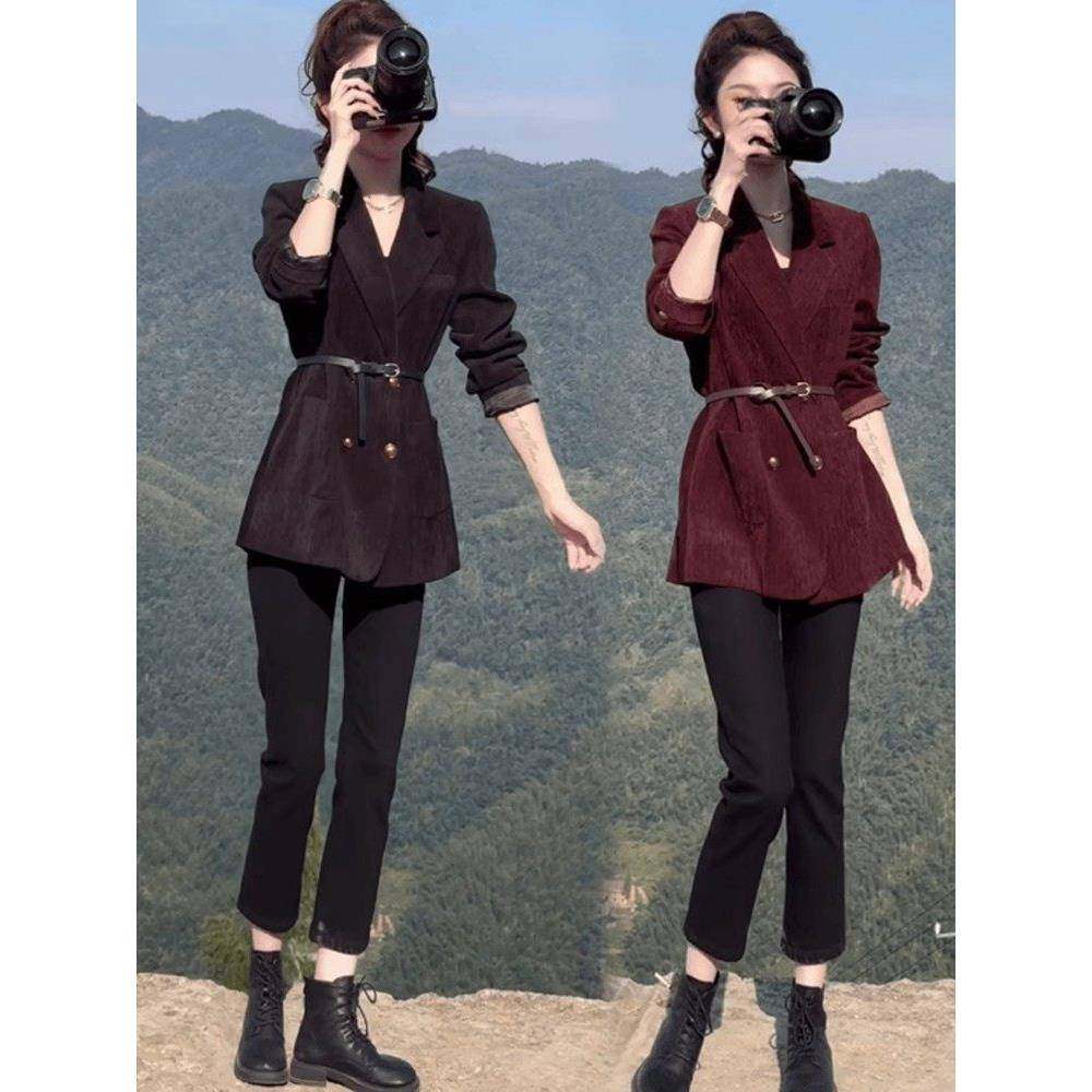 香港代购西装外套女秋冬新款时髦洋气中长收腰显瘦灯芯绒休闲西服