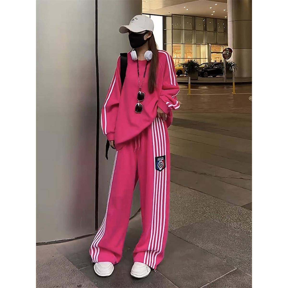 欧洲站时尚运动套装女秋冬宽松加绒加厚卫衣阔腿裤休闲跑步两件套