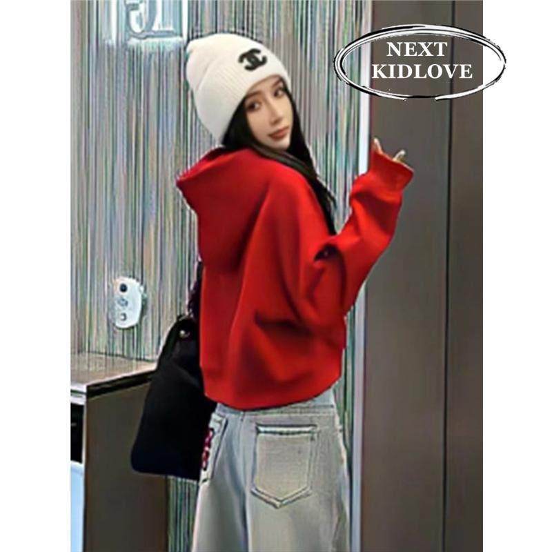 香港2024冬装加绒加厚连帽红色卫衣女小个子过年本命年打底上衣潮