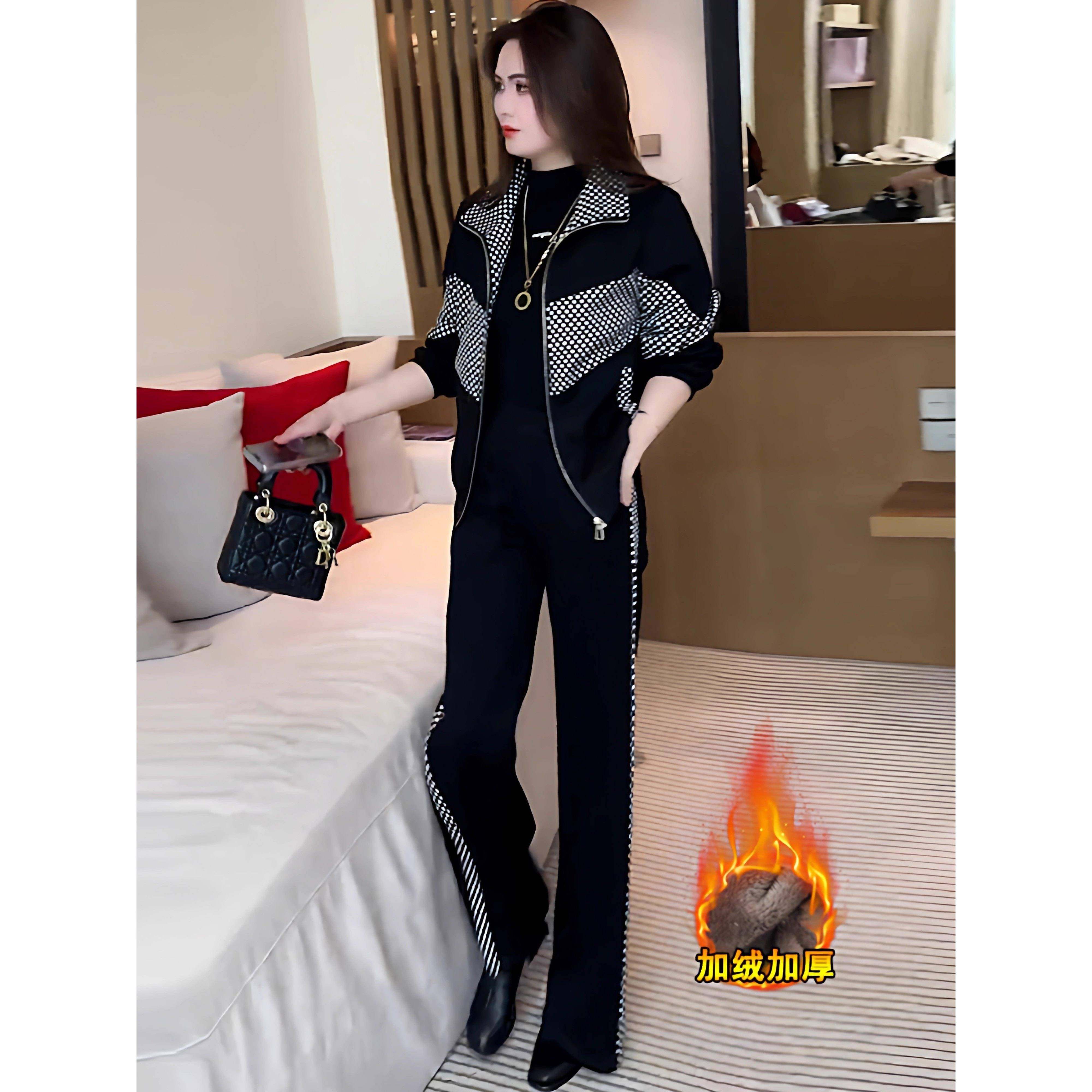 香港代购妈妈装时尚套装女秋冬新款洋气显瘦加绒外套阔腿裤两件套