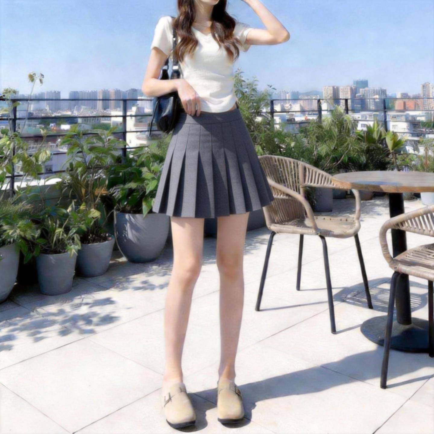 灰色百褶裙半身裙女夏季学院风气质穿搭高腰显瘦小个子a字短裙子