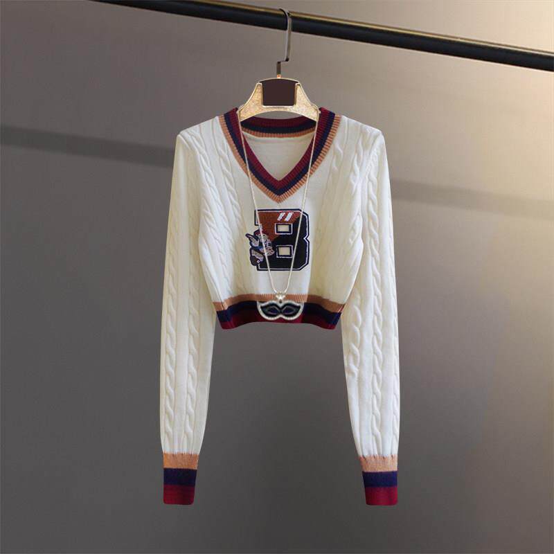 潮牌2025春秋冬季长袖拼色针织衫女显瘦短款高腰露脐上衣V领毛衣