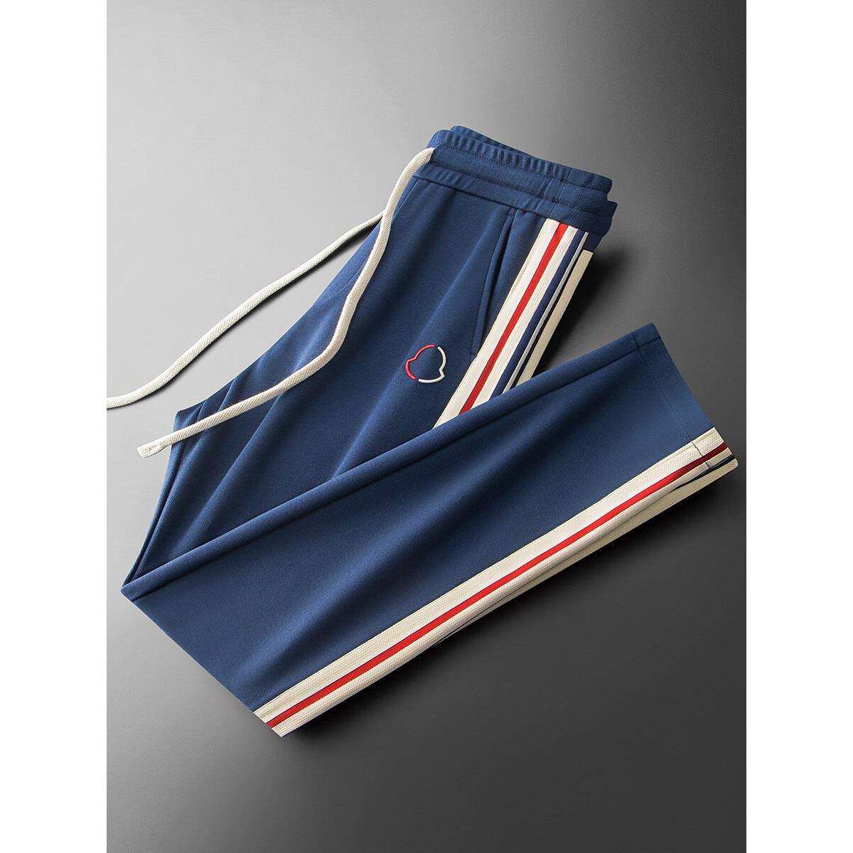 秋冬时尚潮流空气层太空棉撞色织带薄款男士直筒运动卫裤休闲裤男