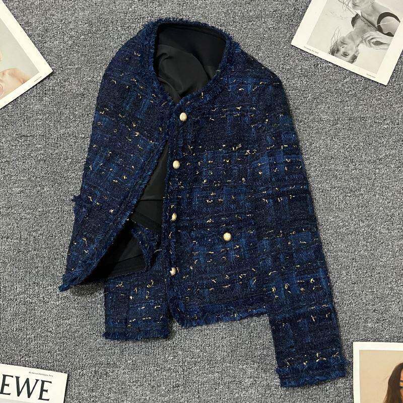潮牌深蓝色小香风西装外套女2024年秋冬新款设计感小个子炸街上衣