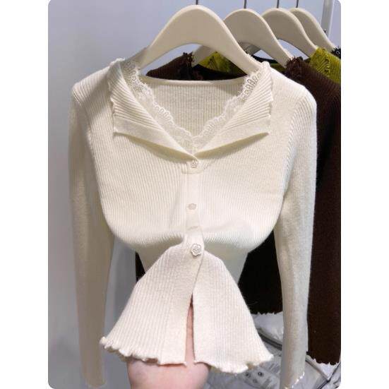 专柜法式蕾丝拼接V领长袖针织衫女2025秋冬修身木耳边打底衫上衣