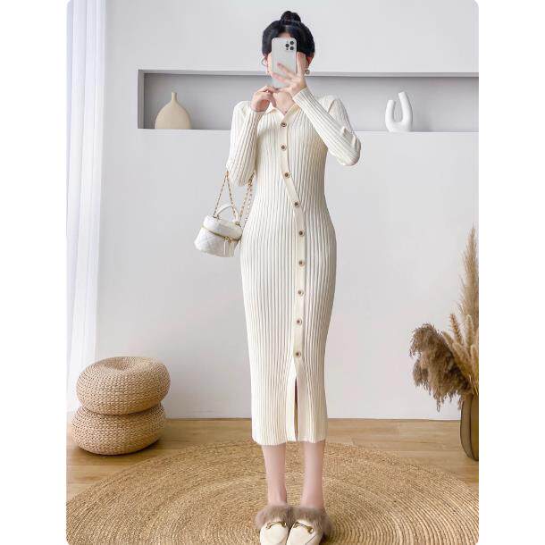 专柜优雅修身针织连衣裙女秋冬打底长裙气质中长款内搭包臀毛衣裙