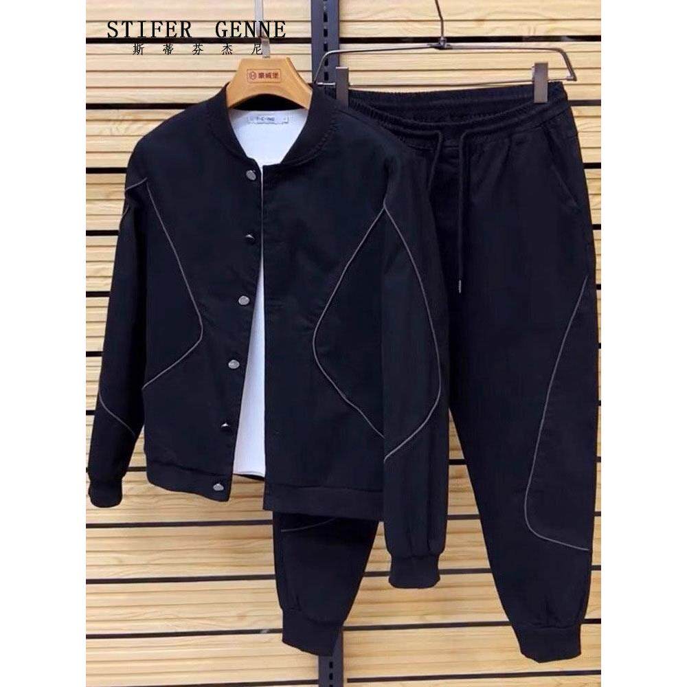 斯蒂芬黑色运动套装男春秋新款高端潮流帅气休闲男士棒球领两件套