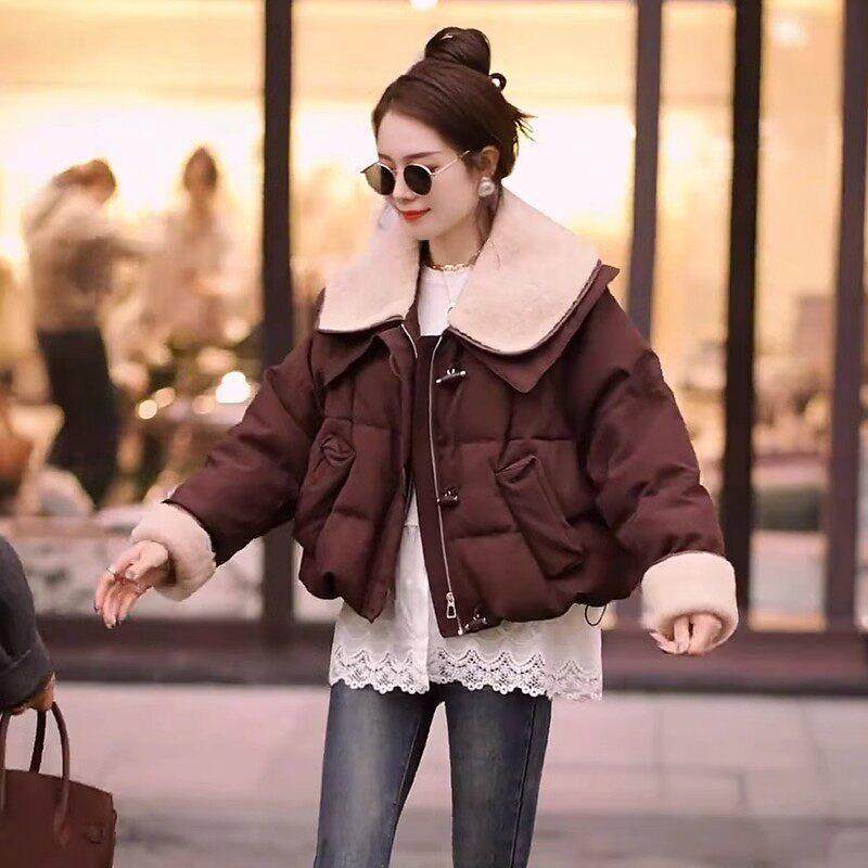 香港代购时尚短款羽绒棉服女冬季新款洋气保暖羊羔毛拼接翻领外套