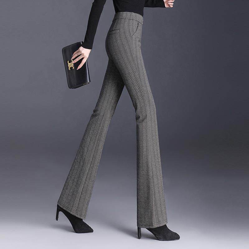 大码条纹裤子女2024春秋新款高腰直筒显瘦喇叭裤垂感毛呢微喇长裤