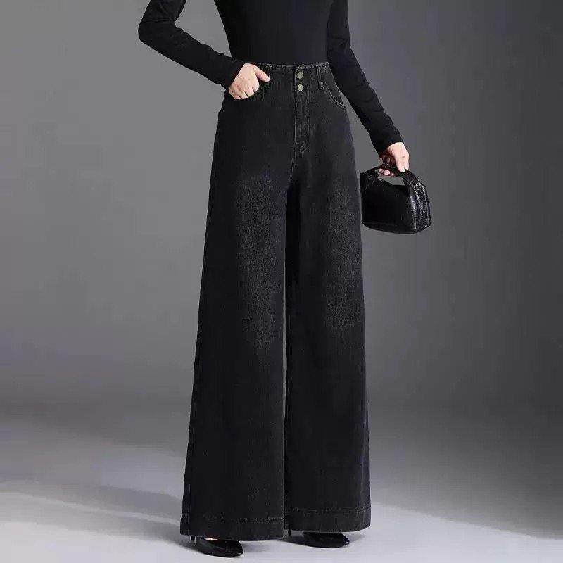 香港2025春秋高腰时尚复古气质宽松显瘦黑色牛仔裤宽松阔腿长裤女