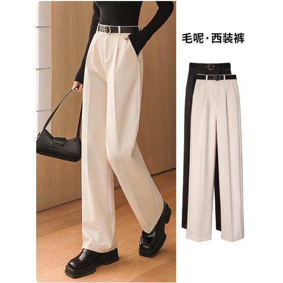 专柜毛呢西装阔腿裤女秋冬季高级感垂感窄版直筒裤高腰休闲长裤子