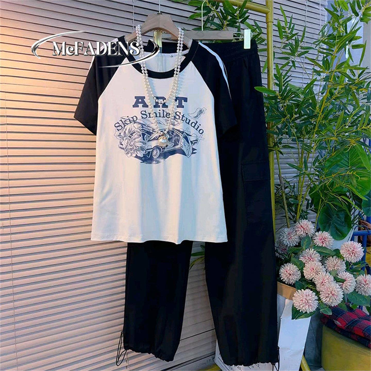 香港胖妹妹夏季新款大码女装时尚插肩袖印花T恤工装束脚裤两件套