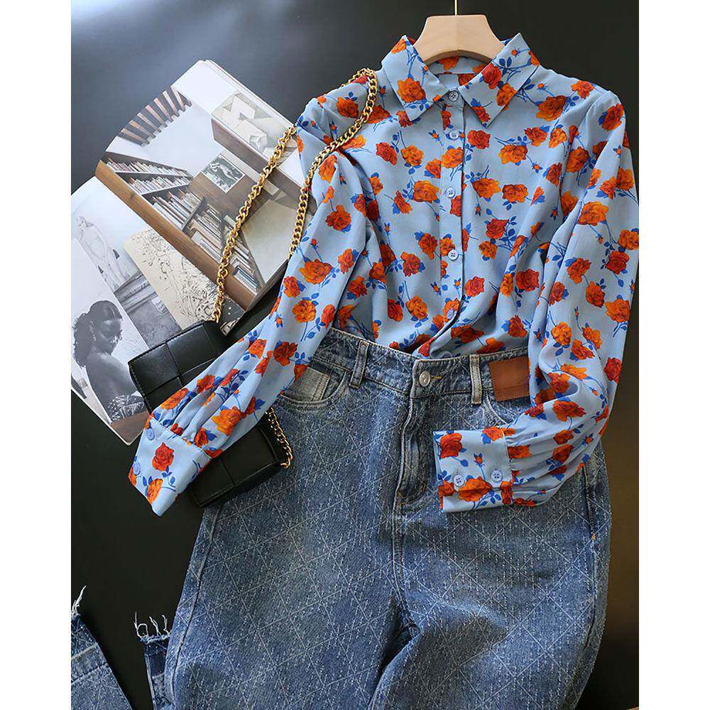 香港覆古碎花灯笼袖衬衫女春秋新款洋派文艺气质内搭衬衫上衣欧货