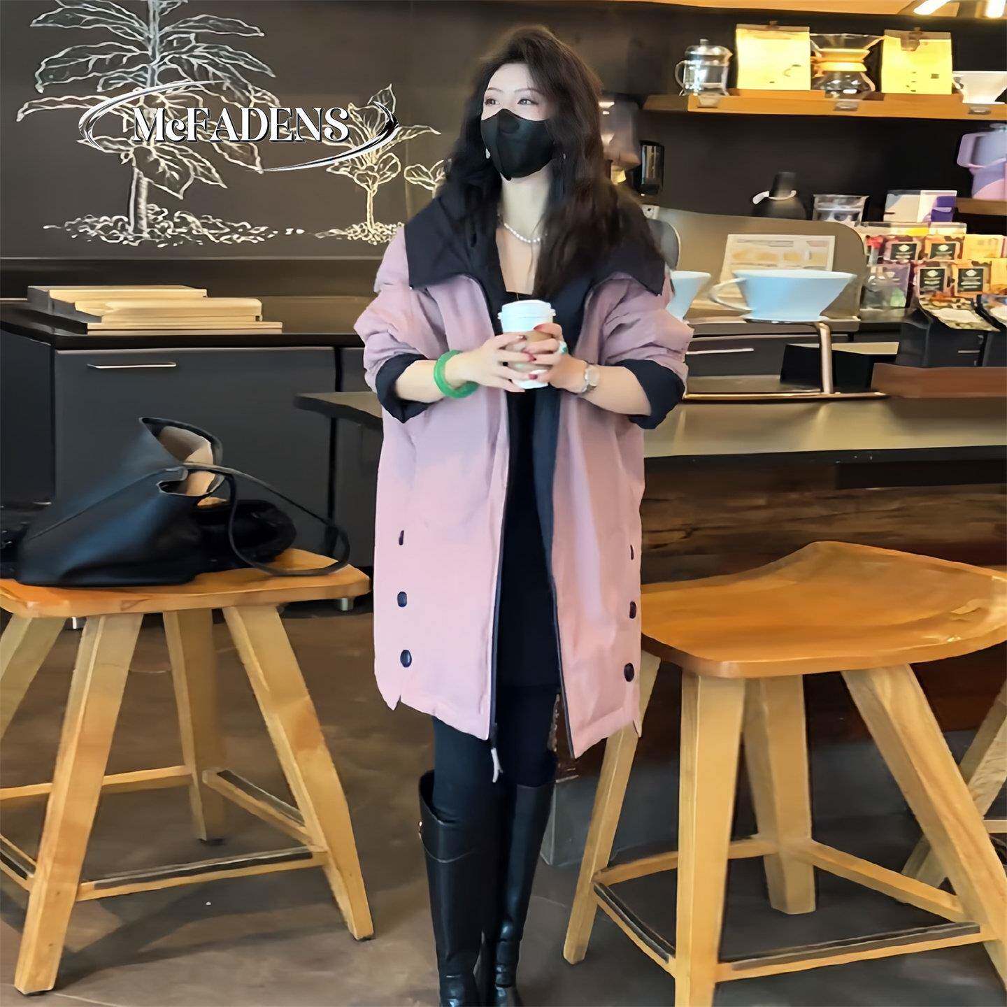 香港高级感休闲中长款棉服外套女秋冬新款宽松减龄两面穿连帽棉衣