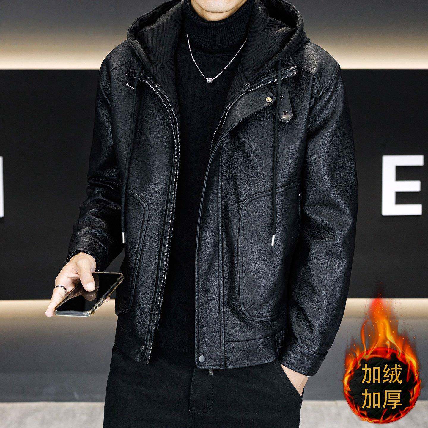 潮牌男士皮衣外套新款加绒加厚男装假两件皮夹克保暖连帽冬装衣服