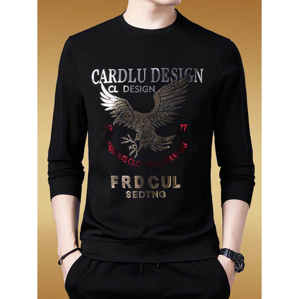 秋冬时尚烫金潮牌长袖t恤男圆领百搭打底欧洲站高端潮流休闲卫衣