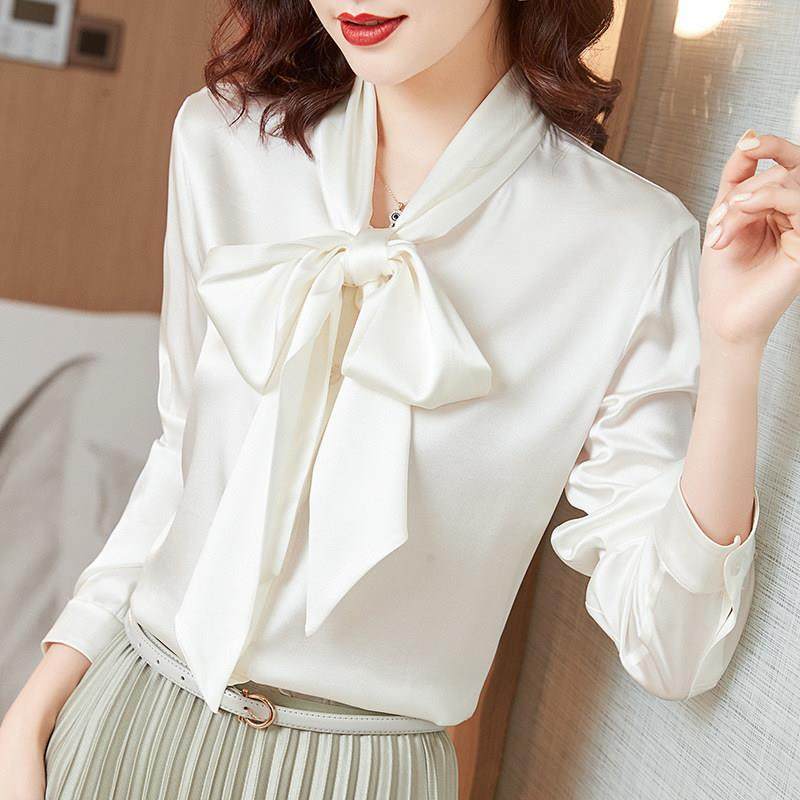 法式真丝衬衫女士春秋款蝴蝶结高级感气质飘带桑蚕丝长袖白色衬衣