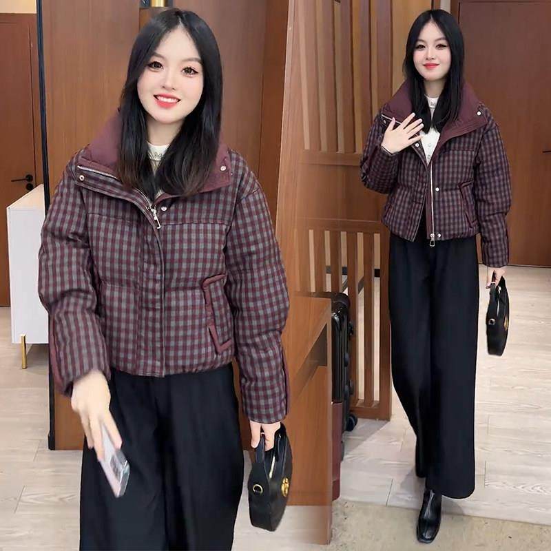 香港代购时尚格子羽绒棉服女冬季新款显瘦加厚保暖立领棉袄外套潮