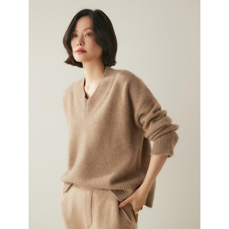 生活腔调~五针加厚baby小山羊绒衫女V领慵懒风显瘦针织打底衫毛衣