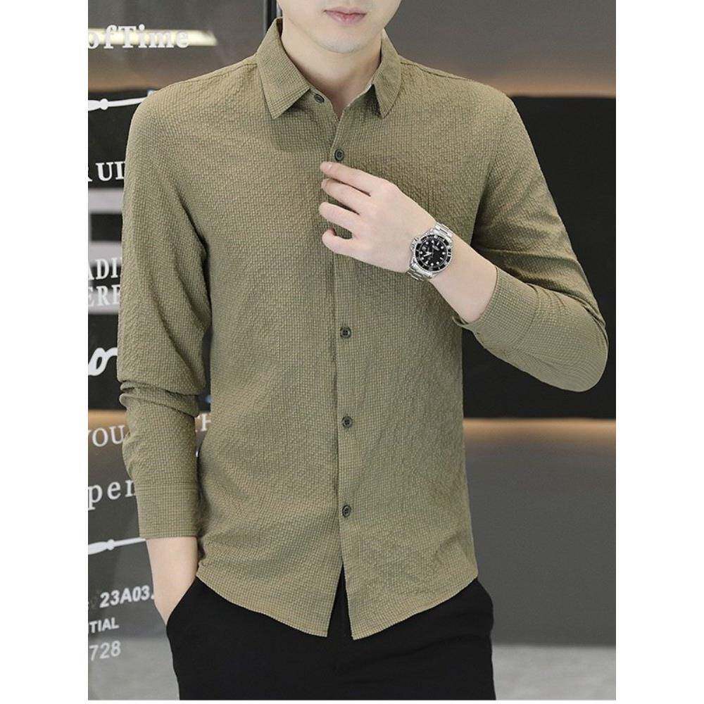 潮牌1212春秋季新款长袖衬衫男士潮流修身时尚百搭纯色休闲衬衣服
