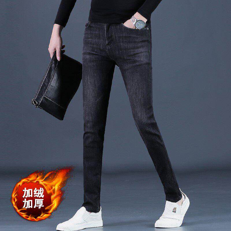 香港冬季裤子男牛仔裤男士潮流加绒加厚修身小脚休闲长裤2024冬款