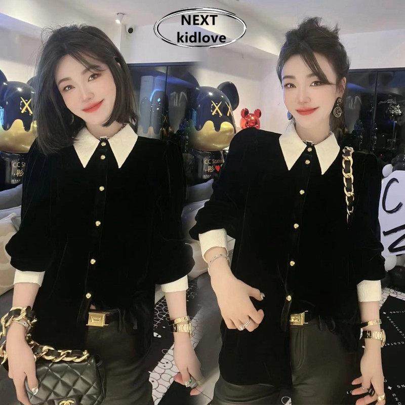 香港高级感欧货金丝绒黑色衬衫女时尚气质春秋冬打底内搭遮肉衬衣