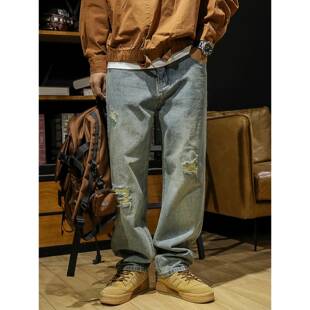 宽松大码 潮牌it 男秋冬季 BIAS覆古做旧破洞牛仔裤 直筒阔腿 neith