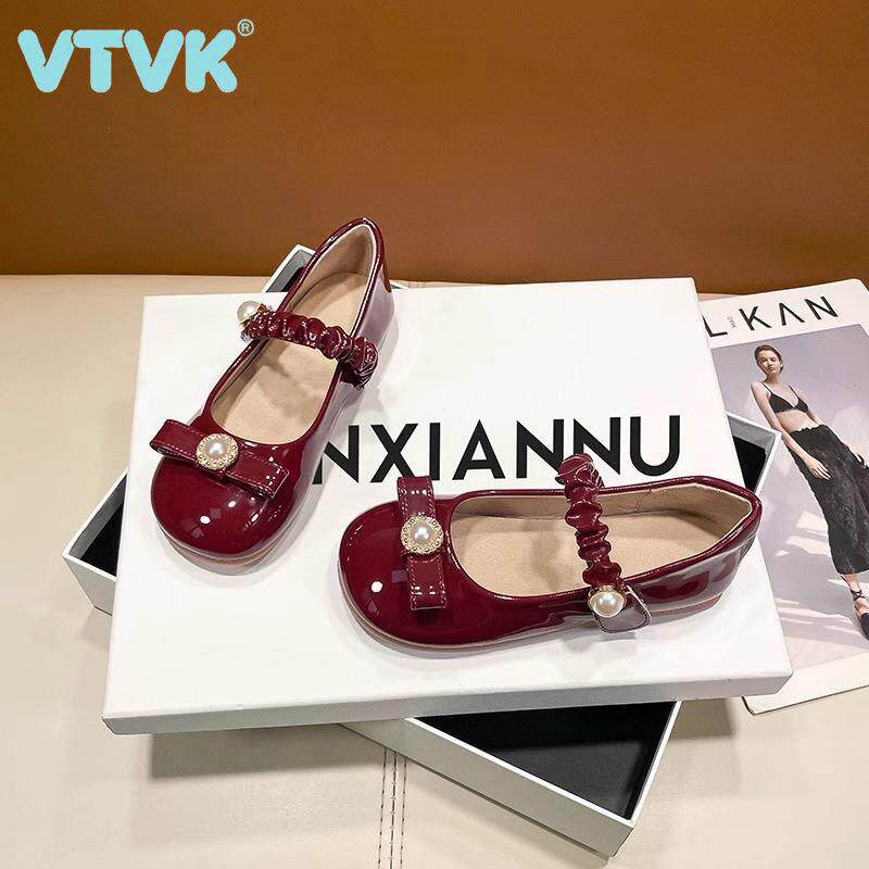VTVK女童公主鞋春秋小皮鞋2025新款软底女孩红色单鞋真皮休闲鞋子