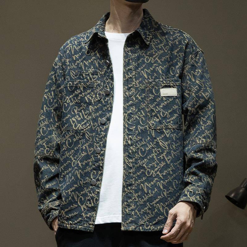 it neith BIAS潮牌高端满身印牛仔衬衫男宽松大码翻领外套夹克潮