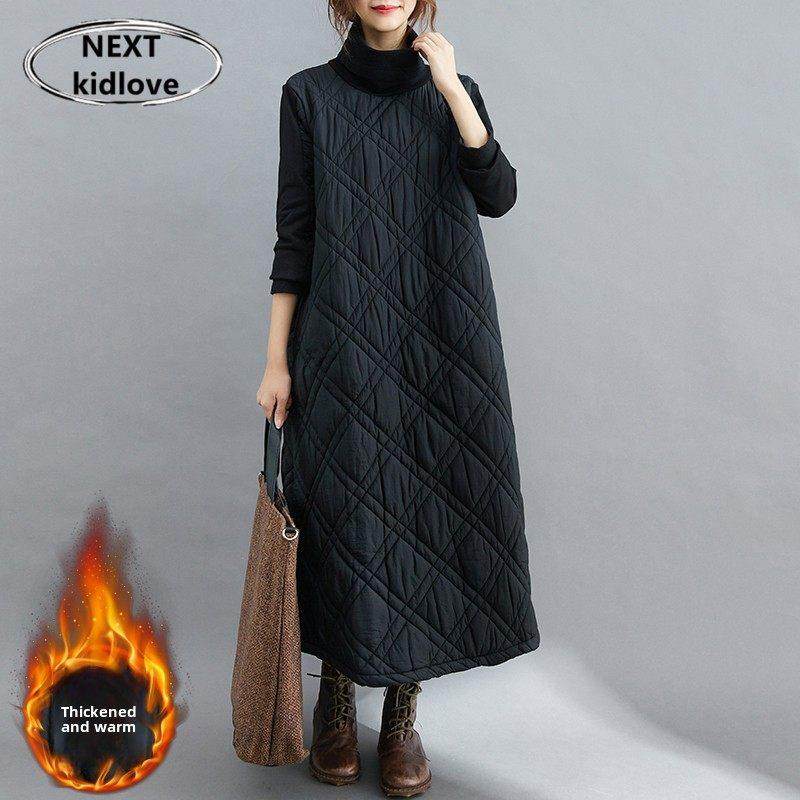 香港欧货高领菱格夹棉加厚过膝连衣裙胖mm显瘦直筒保暖打底裙冬款