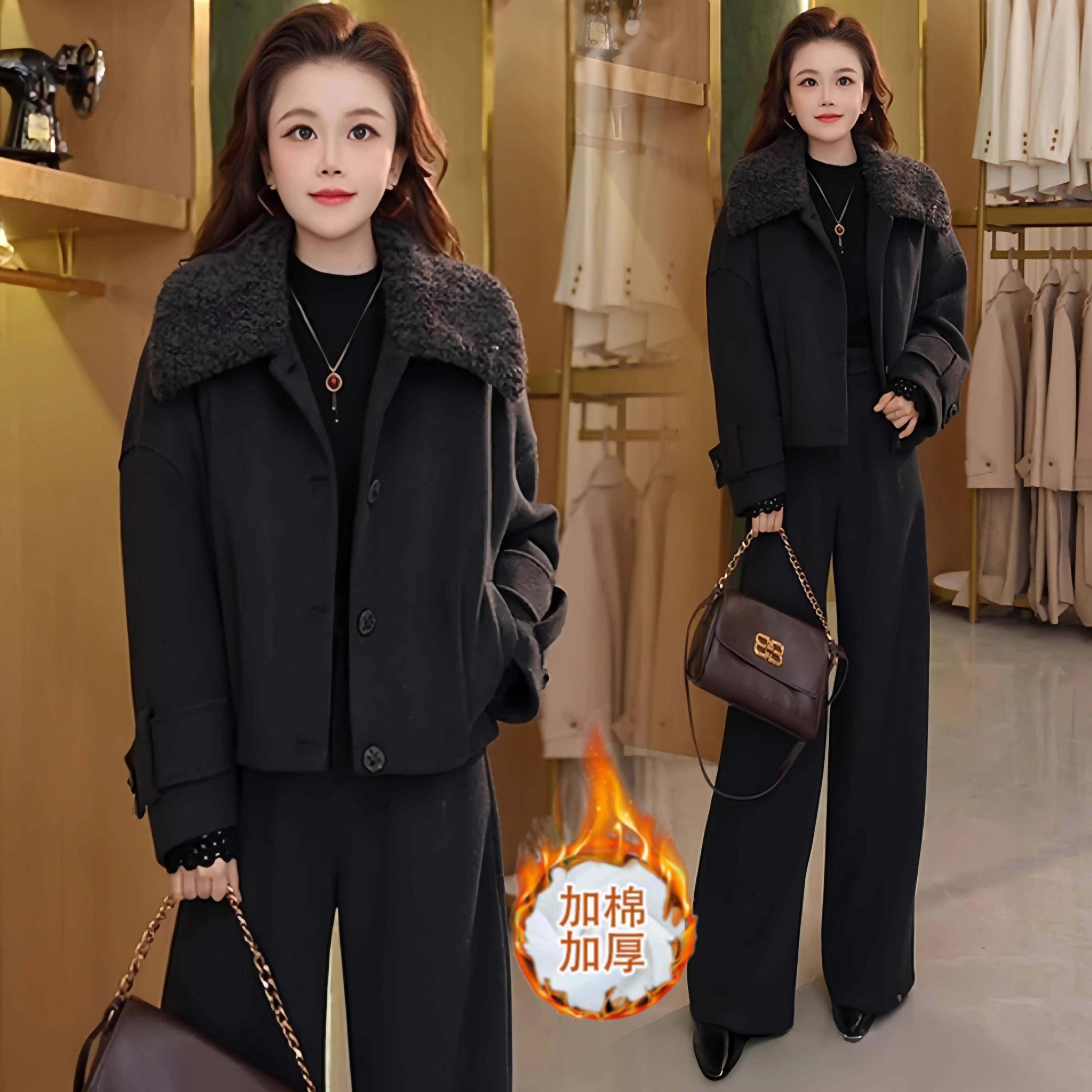 香港代购时尚毛呢套装女冬季新款显瘦夹棉加厚保暖阔腿裤两件套潮,女装/女士精品,时尚套装,淘宝优惠券,粉丝福利购,淘宝优惠卷