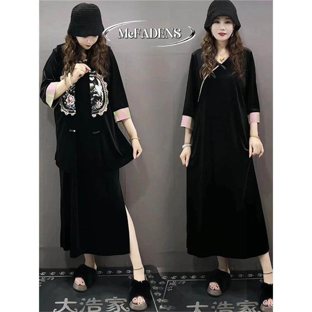 香港欧货新款中国风覆古丝绒大码胖MM显瘦长款开叉连衣裙马甲套装