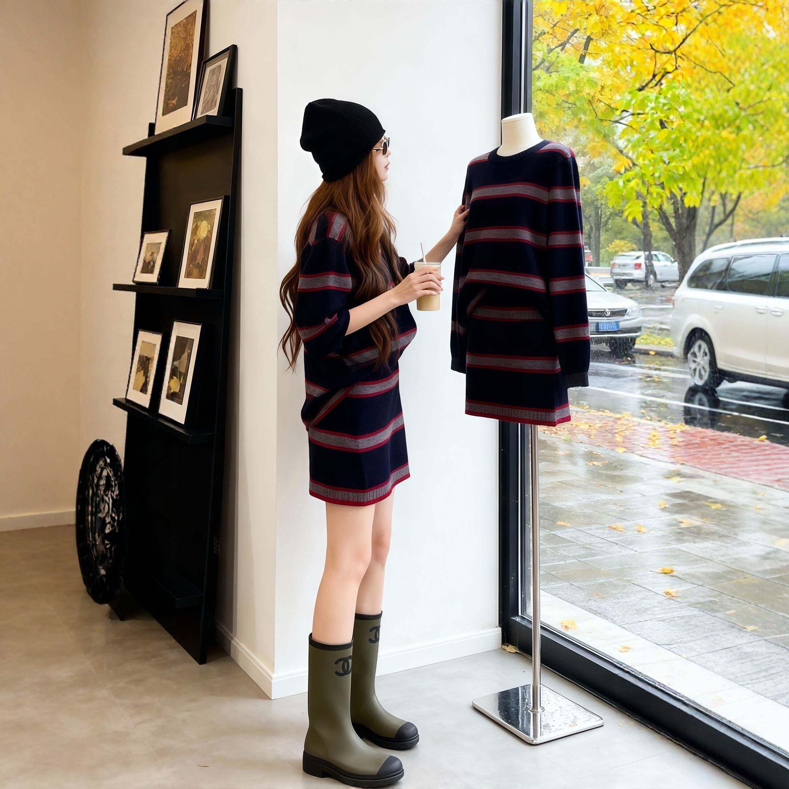 香港秋装搭配一整套大码胖mm高级感条纹针织上衣半身裙巨好看套装