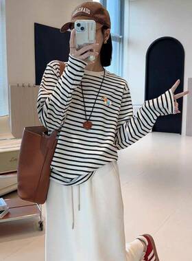 韩国Honey koko⭐设计感条纹正肩纯棉圆领长袖t恤女打底衫秋冬