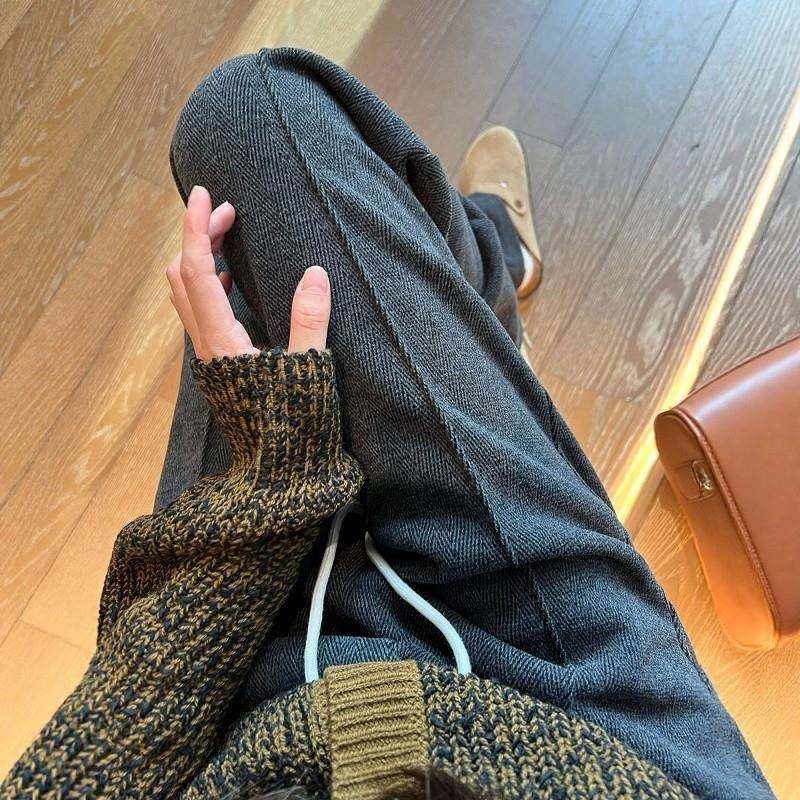 香港灰色毛呢裤女秋冬小个子窄版阔腿裤休闲人字纹加绒西装直筒裤