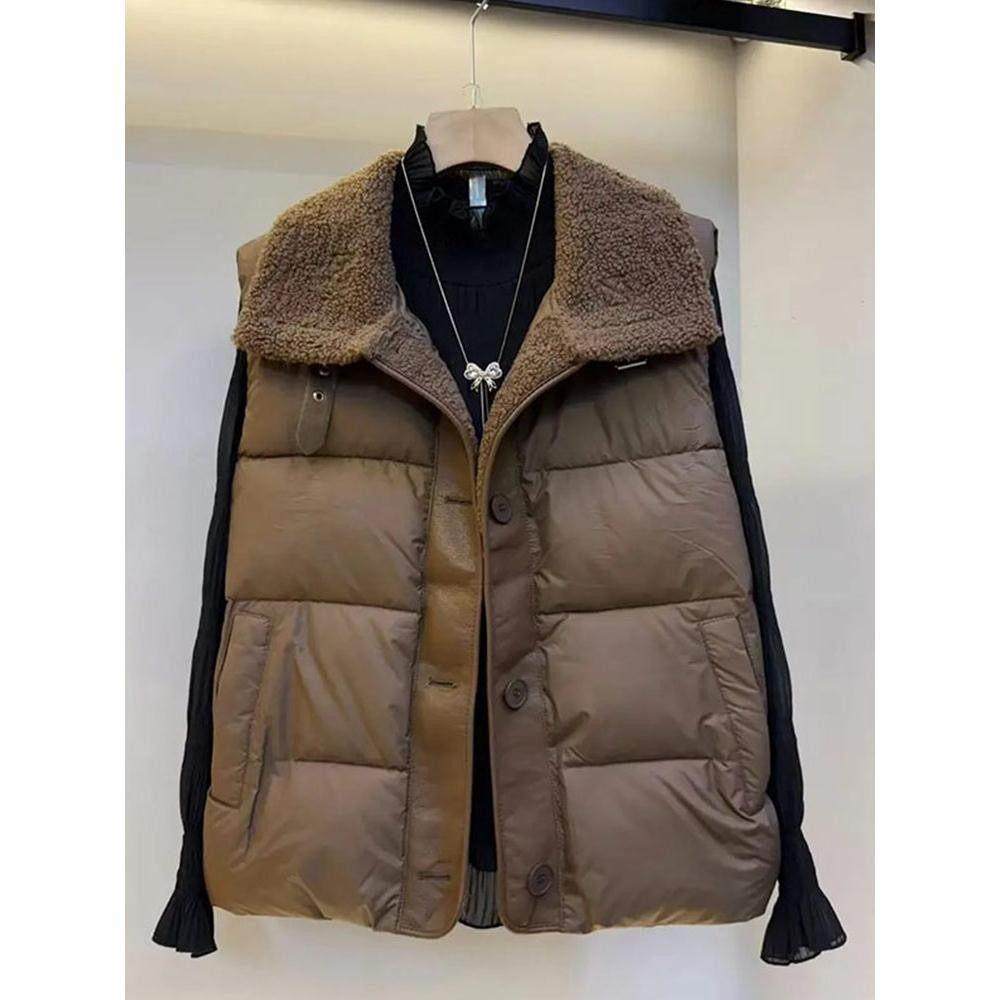 香港肥胖妹妹毛毛翻领棉马甲2025秋冬简约大码女装百搭棉服外套潮