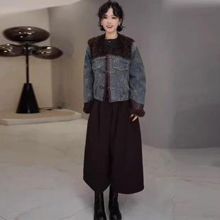 香港代购牛仔羽绒服女冬季新款时髦洋气质羊羔毛拼接翻领保暖外套