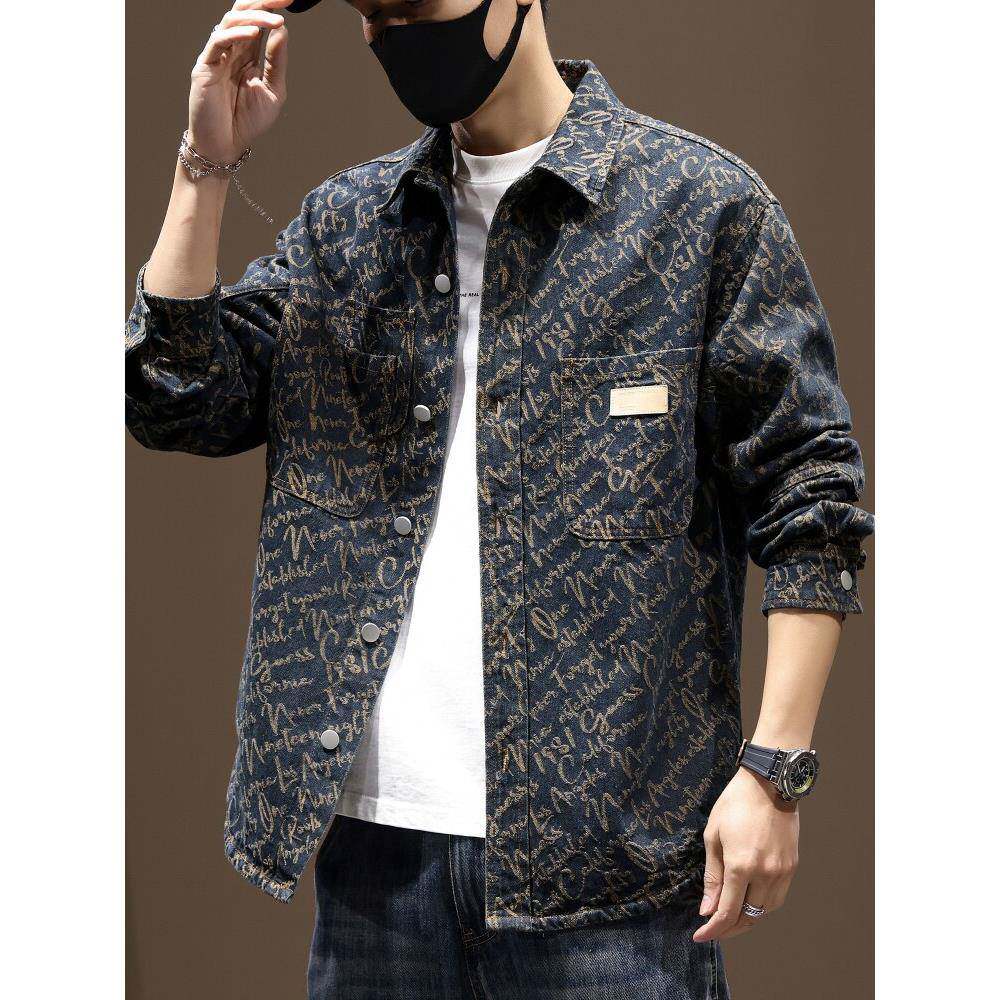 碎花牛仔衬衫男春秋2025新款覆古高端提花宽松休闲衬衣外套上衣男