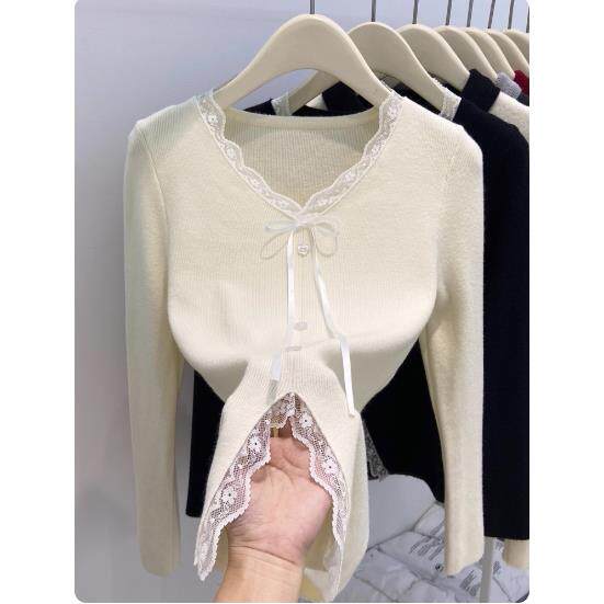 专柜蕾丝花边V领针织衫女2025新款秋冬韩版修身纯欲长袖打底上衣