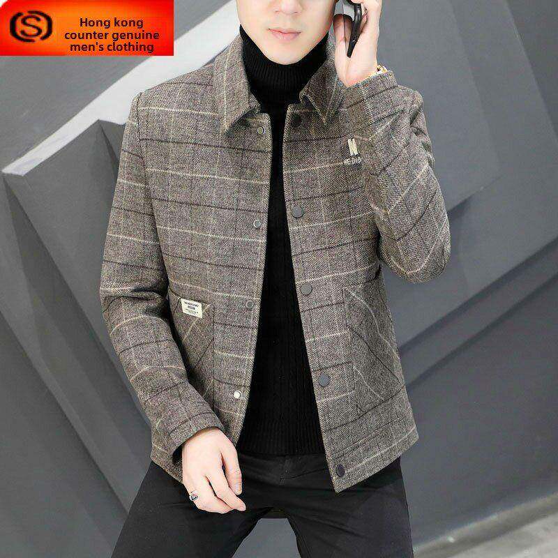 羊毛大衣男短款秋冬季2025新款加厚呢子翻领青年格子夹克男士外套