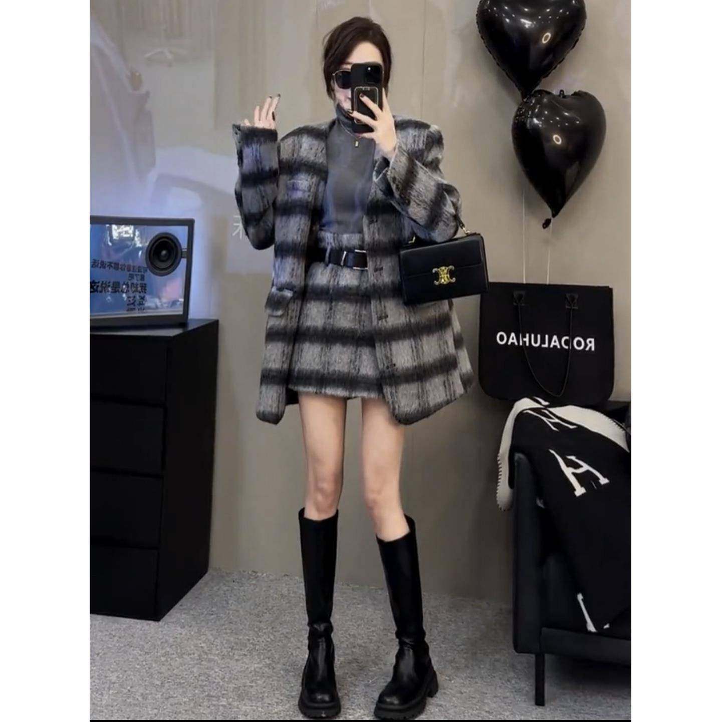 欧洲站毛呢时尚套装女2025年秋冬新款设计感加棉格子西服外套短裙,女装/女士精品,时尚套装,淘宝优惠券,粉丝福利购,淘宝优惠卷