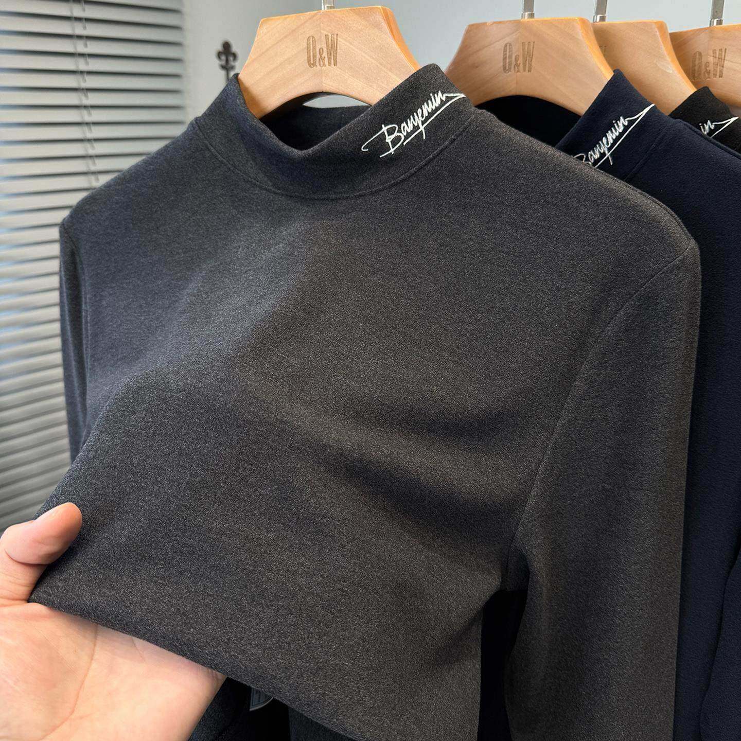 Mostarsea~字母刺绣双面德绒打底衫男半高领修身长袖t恤磨毛上衣