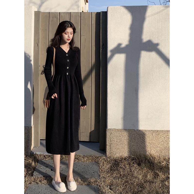 MUAMY秋冬赫本风港风覆古极简百搭森系文艺范修身显瘦针织连衣裙