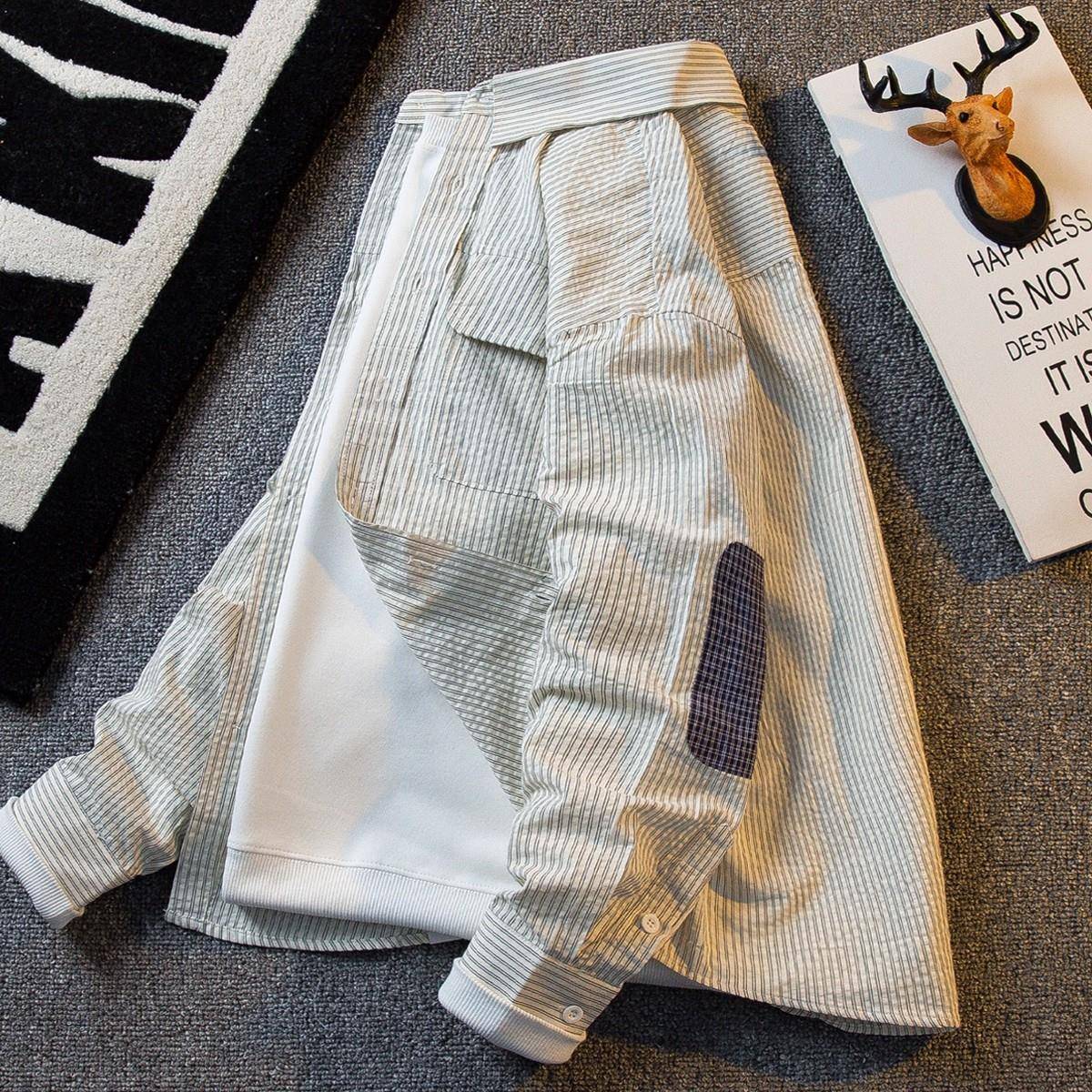 GM新潮 男士肌理感贴布补丁条纹衬衫长袖春秋季痞帅休闲衬衣外套