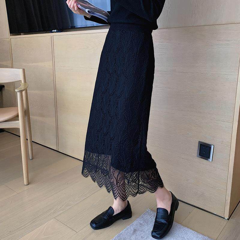 两面穿针织半身裙女中长款2022秋冬新款蕾丝高腰显瘦a字包臀长裙