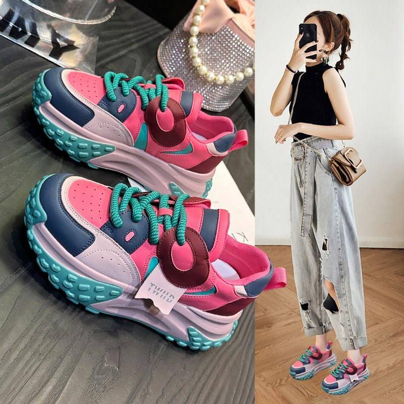 香港老爹鞋女超火2024秋季新款真皮炸街厚底爆款轻便内增高女鞋子