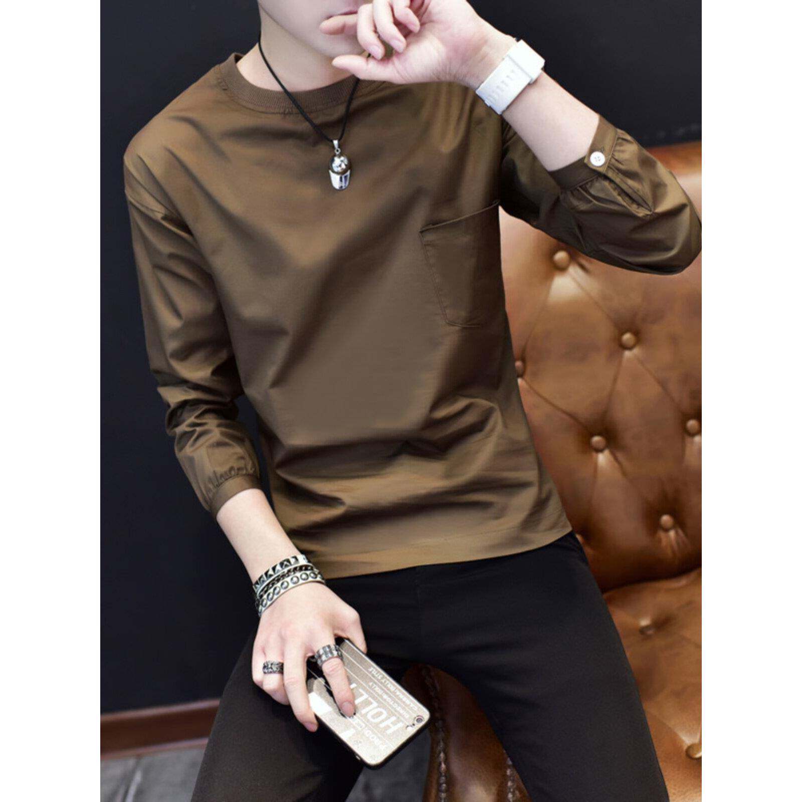 丝光棉2025春秋季男士长袖t恤新款经典圆领紧身品牌薄运动衫男士